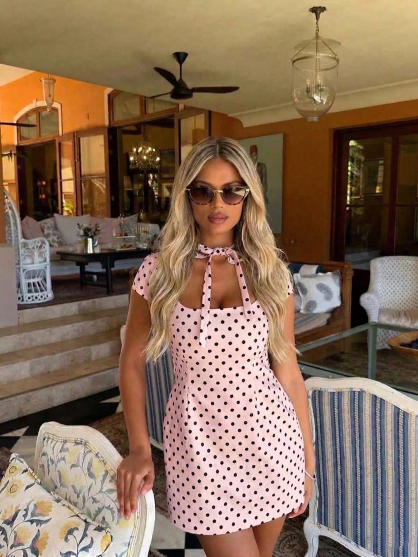Women's Sweet Square Neck Short Sleeve Mini Dress With Bow, Spring/Summer Travel Outfit