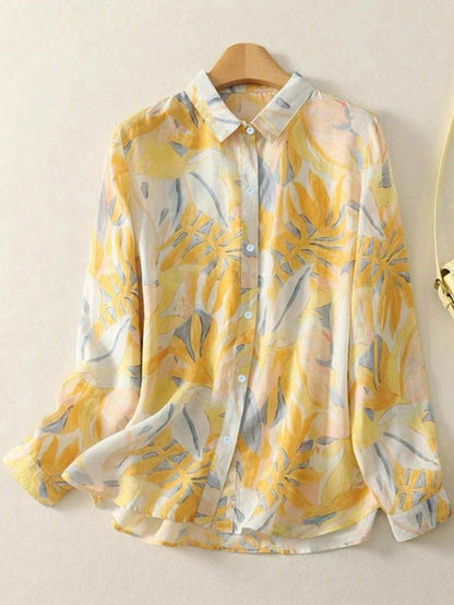 Women's Tropical Plant Print Long Sleeve Loose Fit Button-Up Shirt Spring Vacation Yellow
