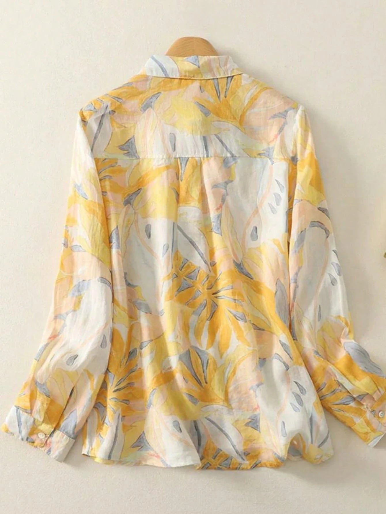 Women's Tropical Plant Print Long Sleeve Loose Fit Button-Up Shirt Spring Vacation Yellow