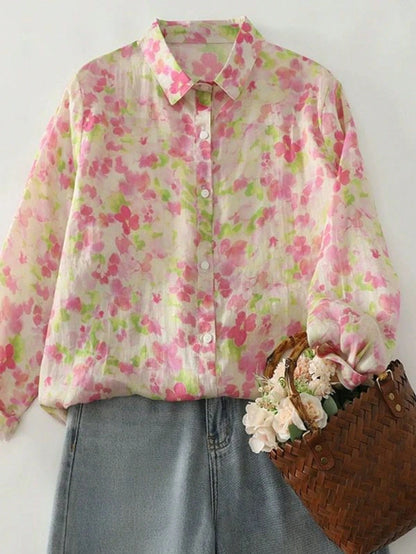 Women's Tropical Plant Print Long Sleeve Loose Fit Button-Up Shirt Spring Vacation Yellow