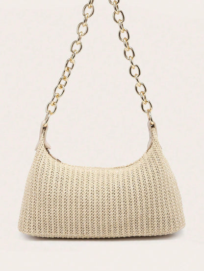Women's Underarm Shoulder Bag, Square Metal Chain, Large Capacity, Lightweight, Casual & Fashionable Beach Vacation Style, Suitable For Shopping,Straw Bag