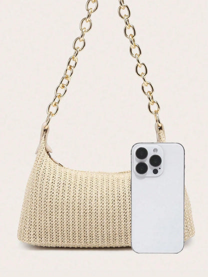Women's Underarm Shoulder Bag, Square Metal Chain, Large Capacity, Lightweight, Casual & Fashionable Beach Vacation Style, Suitable For Shopping,Straw Bag