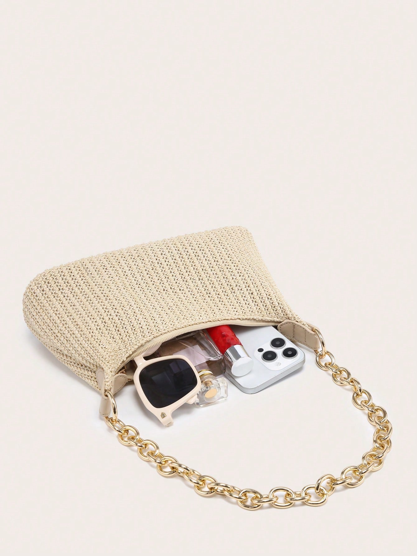 Women's Underarm Shoulder Bag, Square Metal Chain, Large Capacity, Lightweight, Casual & Fashionable Beach Vacation Style, Suitable For Shopping,Straw Bag