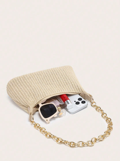 Women's Underarm Shoulder Bag, Square Metal Chain, Large Capacity, Lightweight, Casual & Fashionable Beach Vacation Style, Suitable For Shopping,Straw Bag