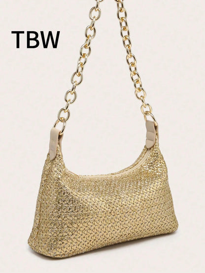 Women's Underarm Shoulder Bag, Square Metal Chain, Large Capacity, Lightweight, Casual & Fashionable Beach Vacation Style, Suitable For Shopping,Straw Bag