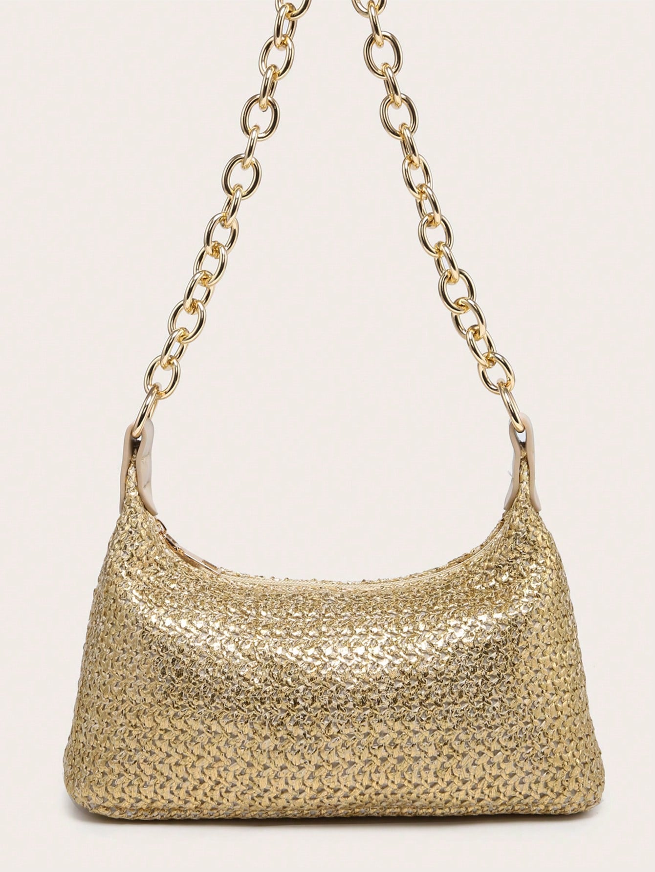 Women's Underarm Shoulder Bag, Square Metal Chain, Large Capacity, Lightweight, Casual & Fashionable Beach Vacation Style, Suitable For Shopping,Straw Bag
