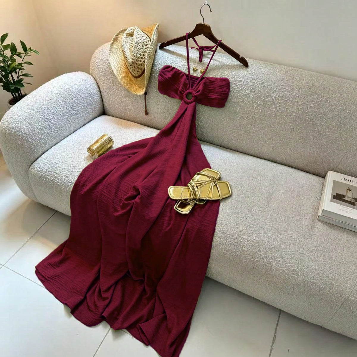 Women's Vacation Style Midi Dress, Print Backless Hollow Out Spaghetti Strap Dress, Summer Party Elegant
