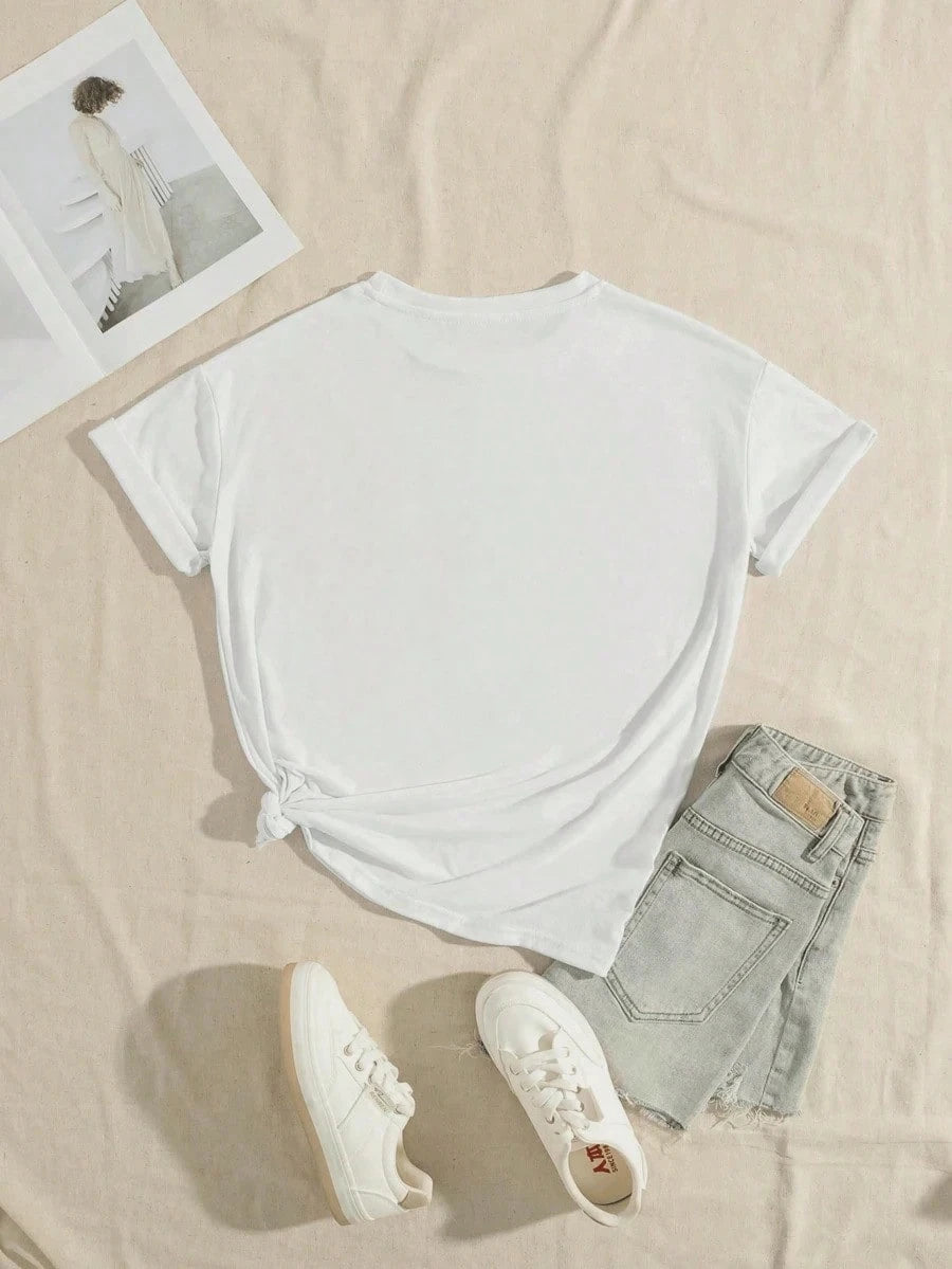 Women's White Crew Neck Short Sleeve Regular Length Knit T-Shirt, Cartoon Print, Slightly Stretchy