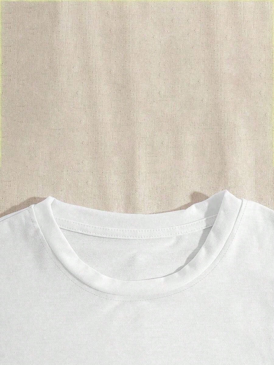 Women's White Crew Neck Short Sleeve Regular Length Knit T-Shirt, Cartoon Print, Slightly Stretchy