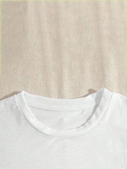 Women's White Crew Neck Short Sleeve Regular Length Knit T-Shirt, Cartoon Print, Slightly Stretchy