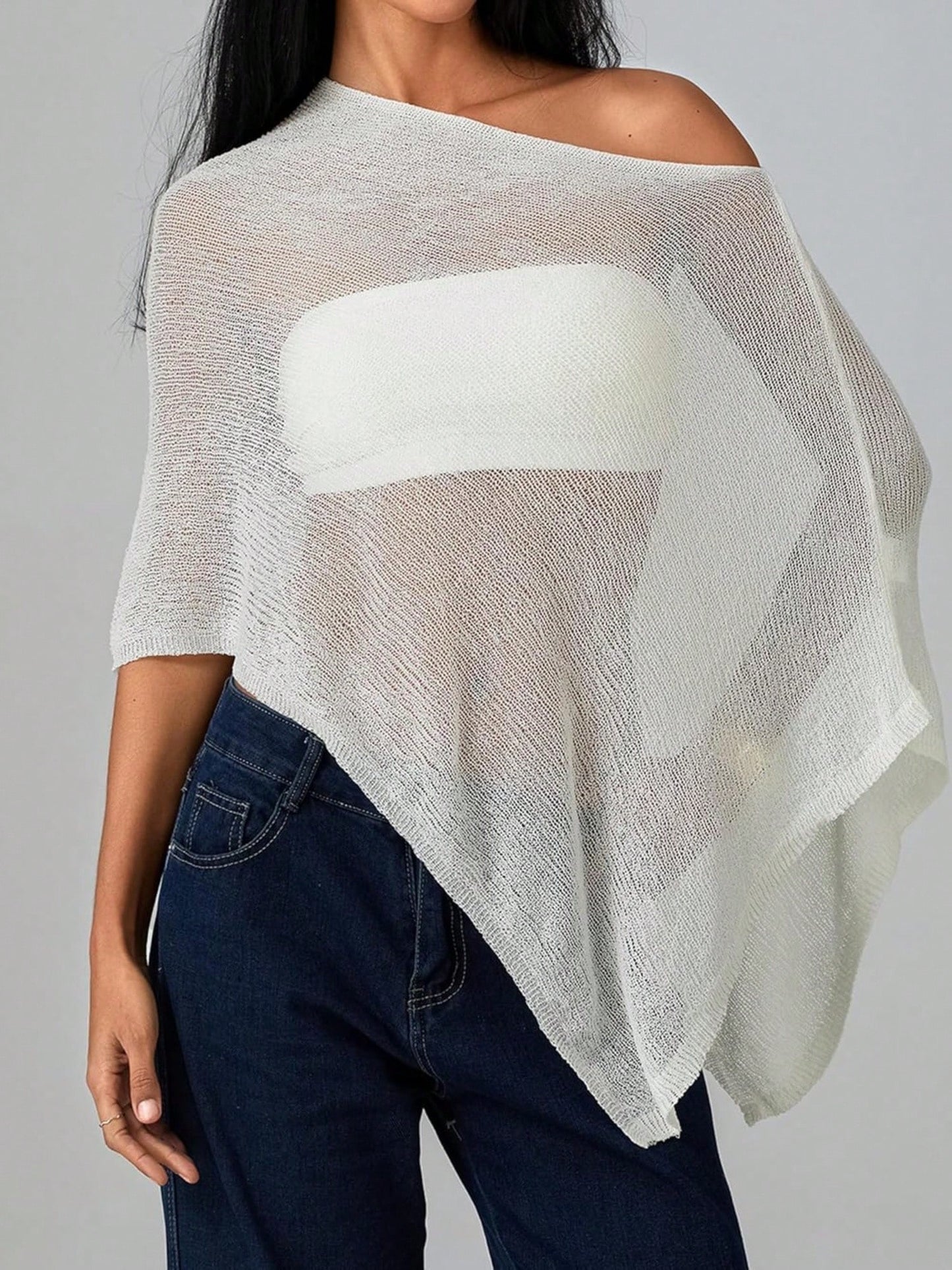 Women Sheer Knit Crochet Poncho Top Mesh Off Shoulder Shrug Summer Asymmetrical Shawl See Through Bolero Cover Up Tops