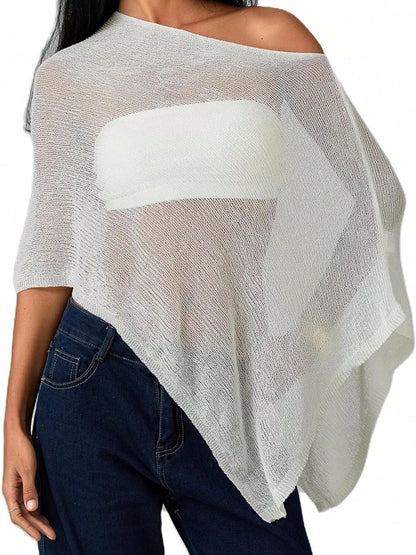 Women Sheer Knit Crochet Poncho Top Mesh Off Shoulder Shrug Summer Asymmetrical Shawl See Through Bolero Cover Up Tops