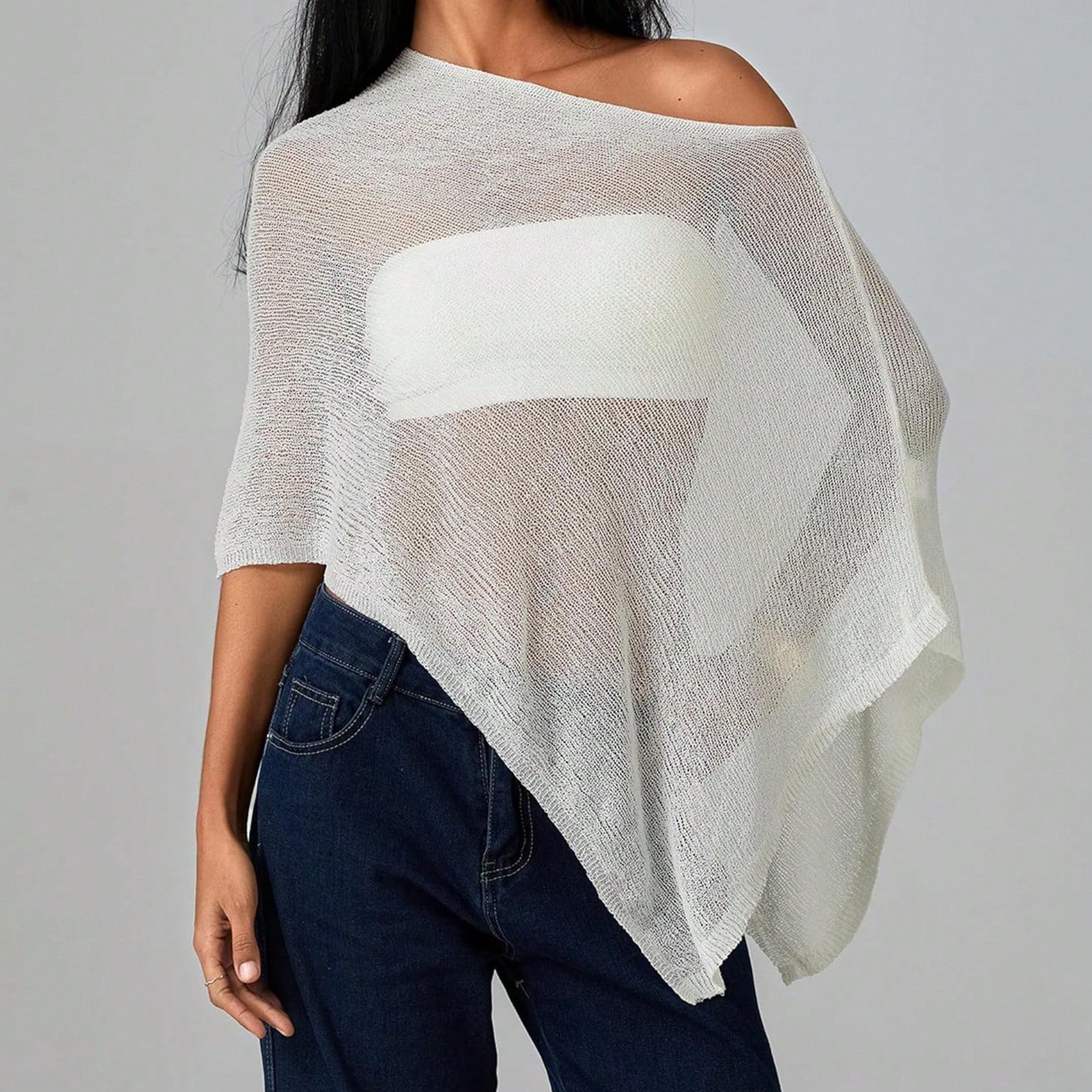 Women Sheer Knit Crochet Poncho Top Mesh Off Shoulder Shrug Summer Asymmetrical Shawl See Through Bolero Cover Up Tops