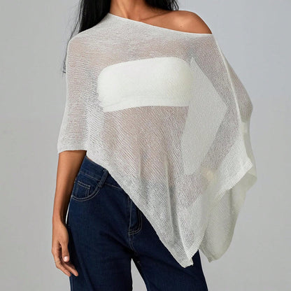 Women Sheer Knit Crochet Poncho Top Mesh Off Shoulder Shrug Summer Asymmetrical Shawl See Through Bolero Cover Up Tops