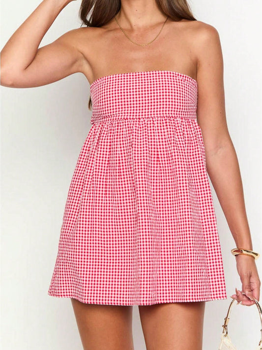Women Summer Mini Bandeau Dress Off Shoulder Strapless Plaid Tube Top Dress With 2 Pockets