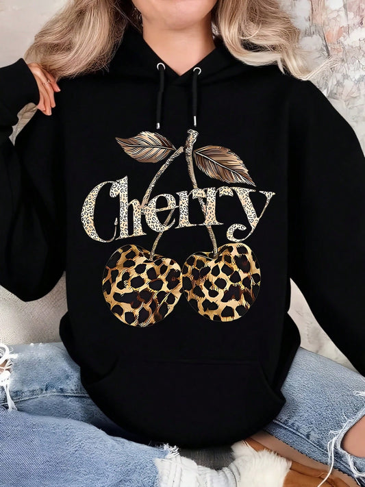 Womens Hoodie Cherry Leopard Print Design Fashionable Casual Style Comfortable Soft Polyester Fabric Relaxed Fit Daily Wear Perfect Gift