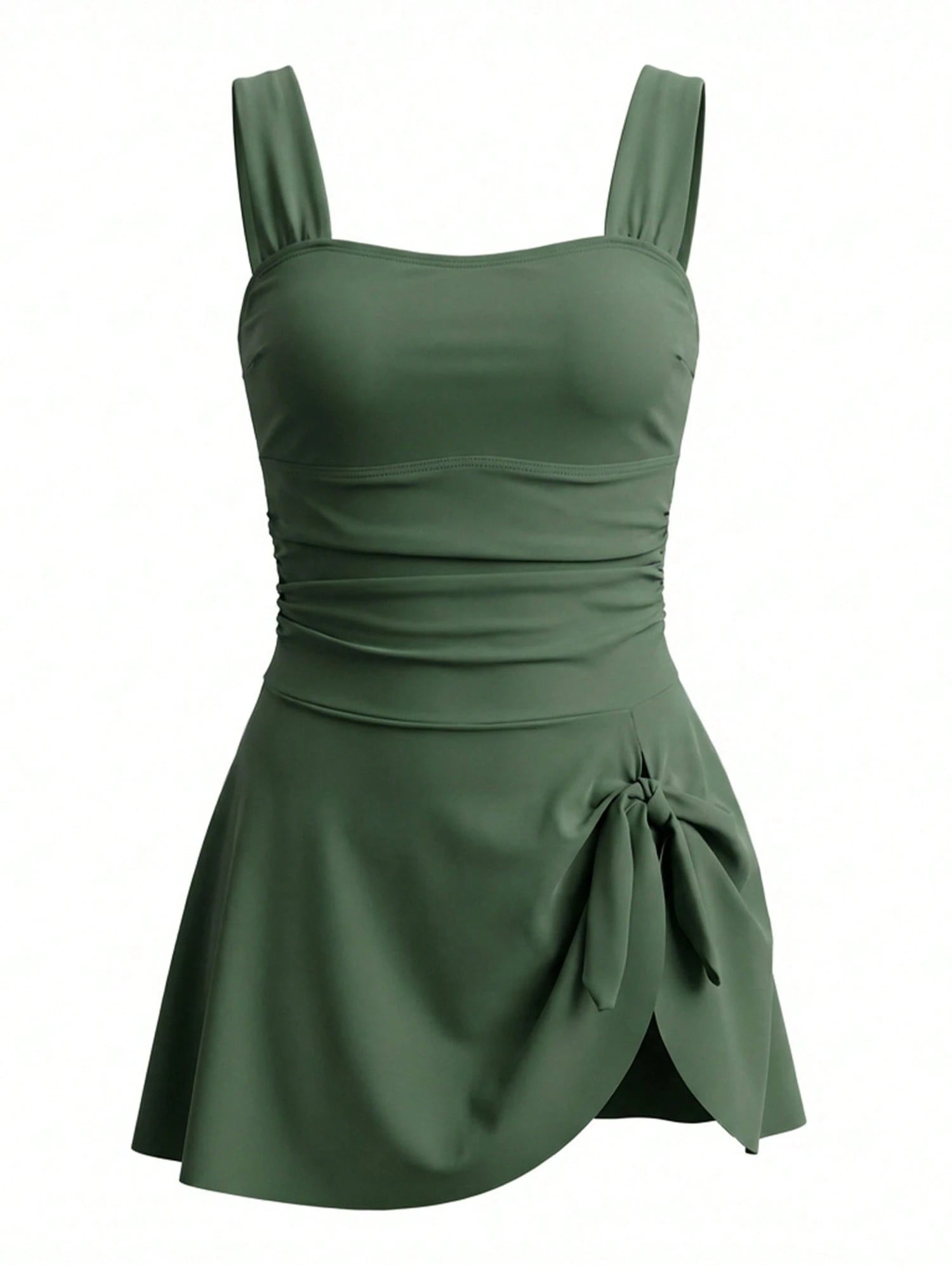 Womens One Piece Swim Dress Retro Tummy Control Modest Swimsuit Ruched Wide Strap Square Neck Bathing Suit