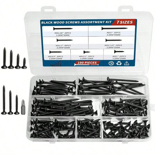 Wood Screws Assortment Kit, 190 PCS High Hardness Drywall Screw With Drive Flat Different Sizes Black Flat Wood Screws Set, Nail Drywall Or Others