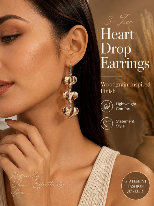 Woodgrain Heart Drop Earrings 3 Tier Dangle Statement Earrings For Women, Elegant Long Hanging Fashion Jewelry With Unique Vintage Inspired Design