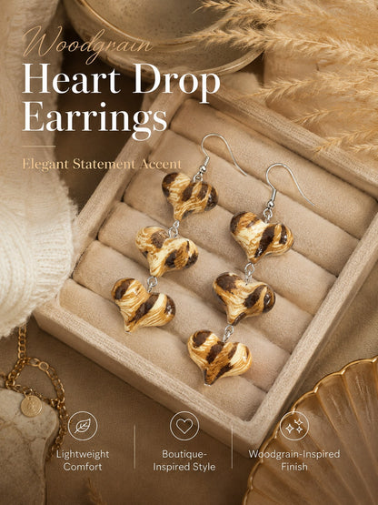 Woodgrain Heart Drop Earrings 3 Tier Dangle Statement Earrings For Women, Elegant Long Hanging Fashion Jewelry With Unique Vintage Inspired Design