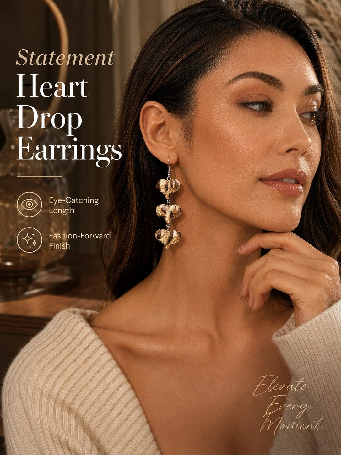 Woodgrain Heart Drop Earrings 3 Tier Dangle Statement Earrings For Women, Elegant Long Hanging Fashion Jewelry With Unique Vintage Inspired Design