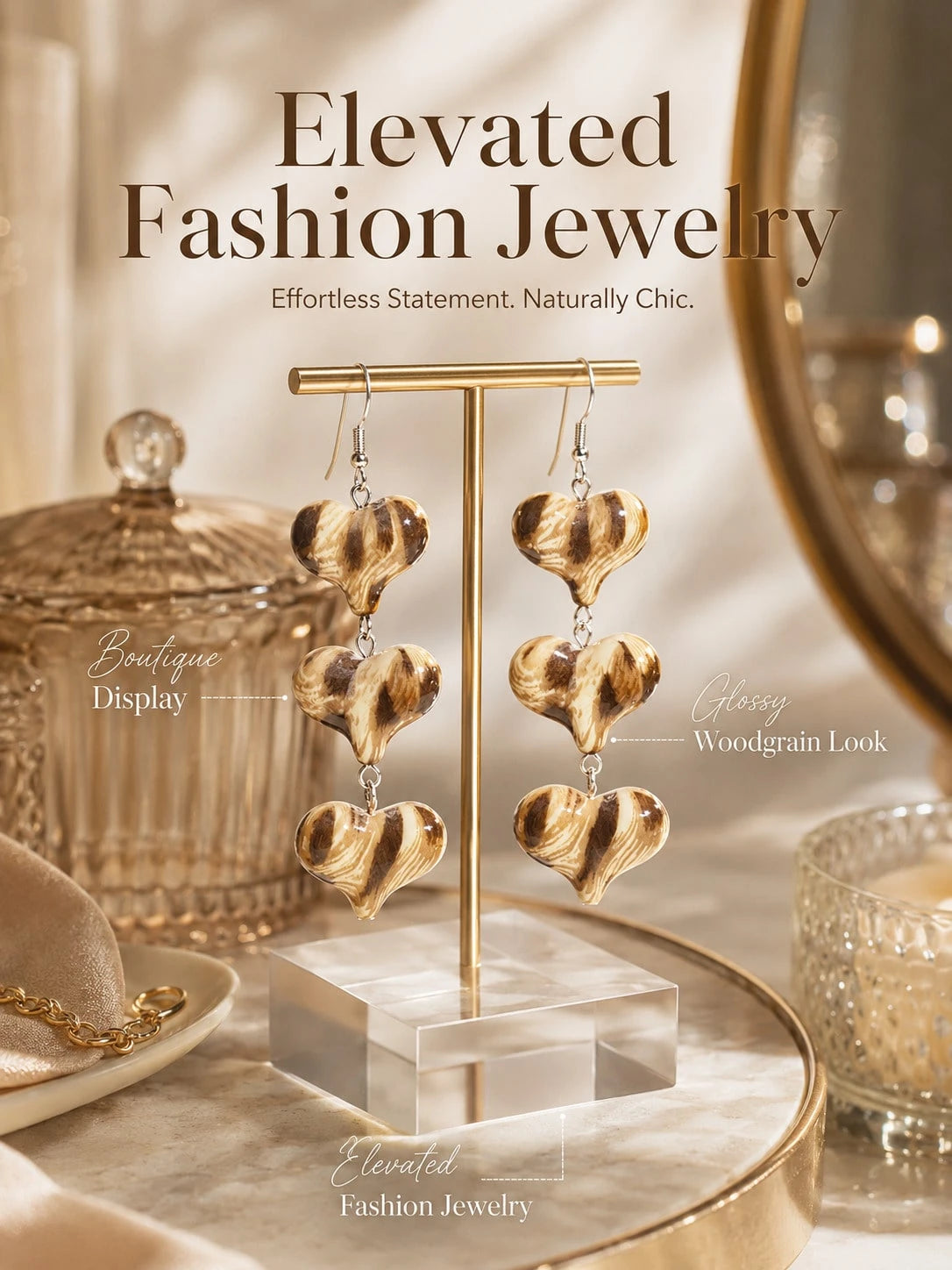 Woodgrain Heart Drop Earrings 3 Tier Dangle Statement Earrings For Women, Elegant Long Hanging Fashion Jewelry With Unique Vintage Inspired Design