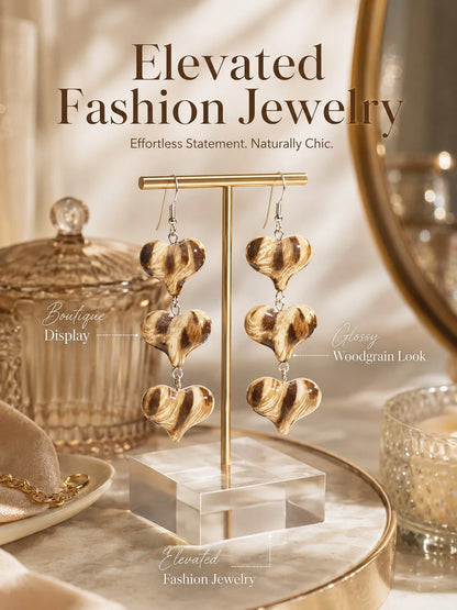 Woodgrain Heart Drop Earrings 3 Tier Dangle Statement Earrings For Women, Elegant Long Hanging Fashion Jewelry With Unique Vintage Inspired Design