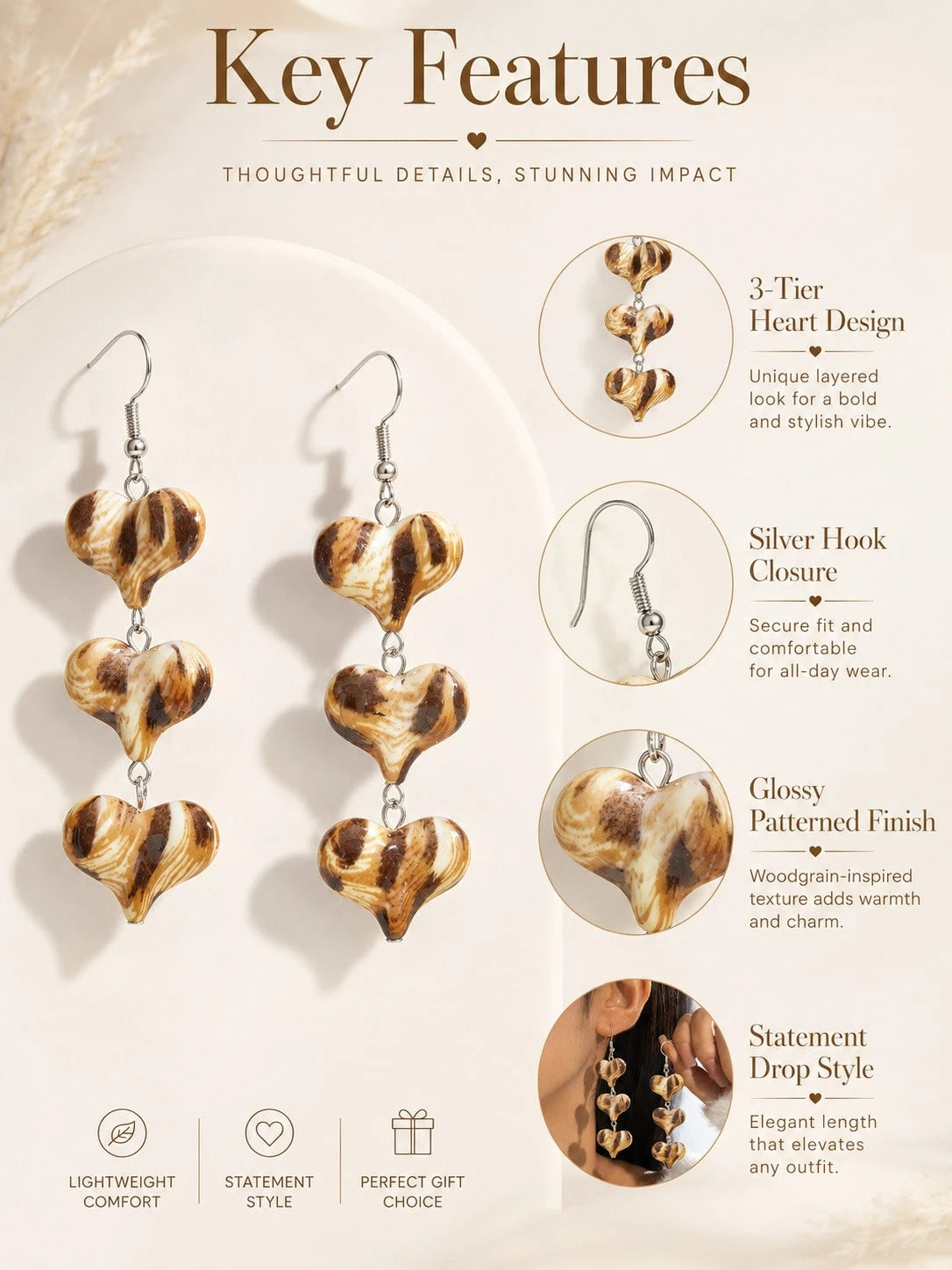 Woodgrain Heart Drop Earrings 3 Tier Dangle Statement Earrings For Women, Elegant Long Hanging Fashion Jewelry With Unique Vintage Inspired Design