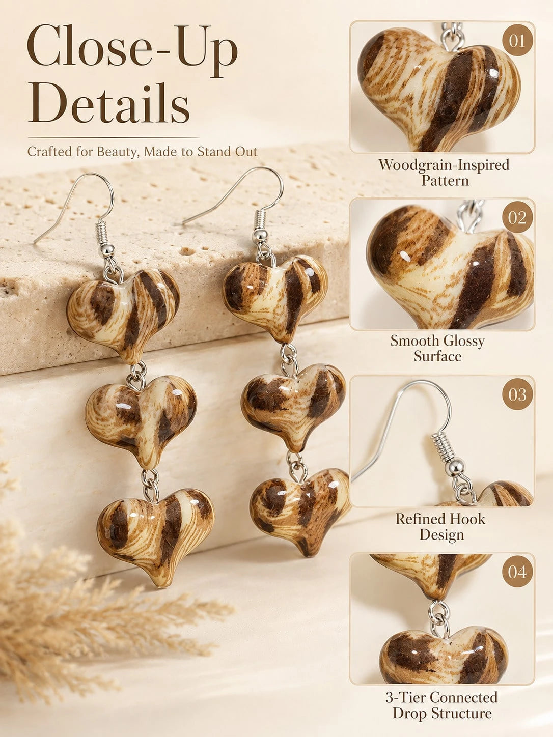 Woodgrain Heart Drop Earrings 3 Tier Dangle Statement Earrings For Women, Elegant Long Hanging Fashion Jewelry With Unique Vintage Inspired Design