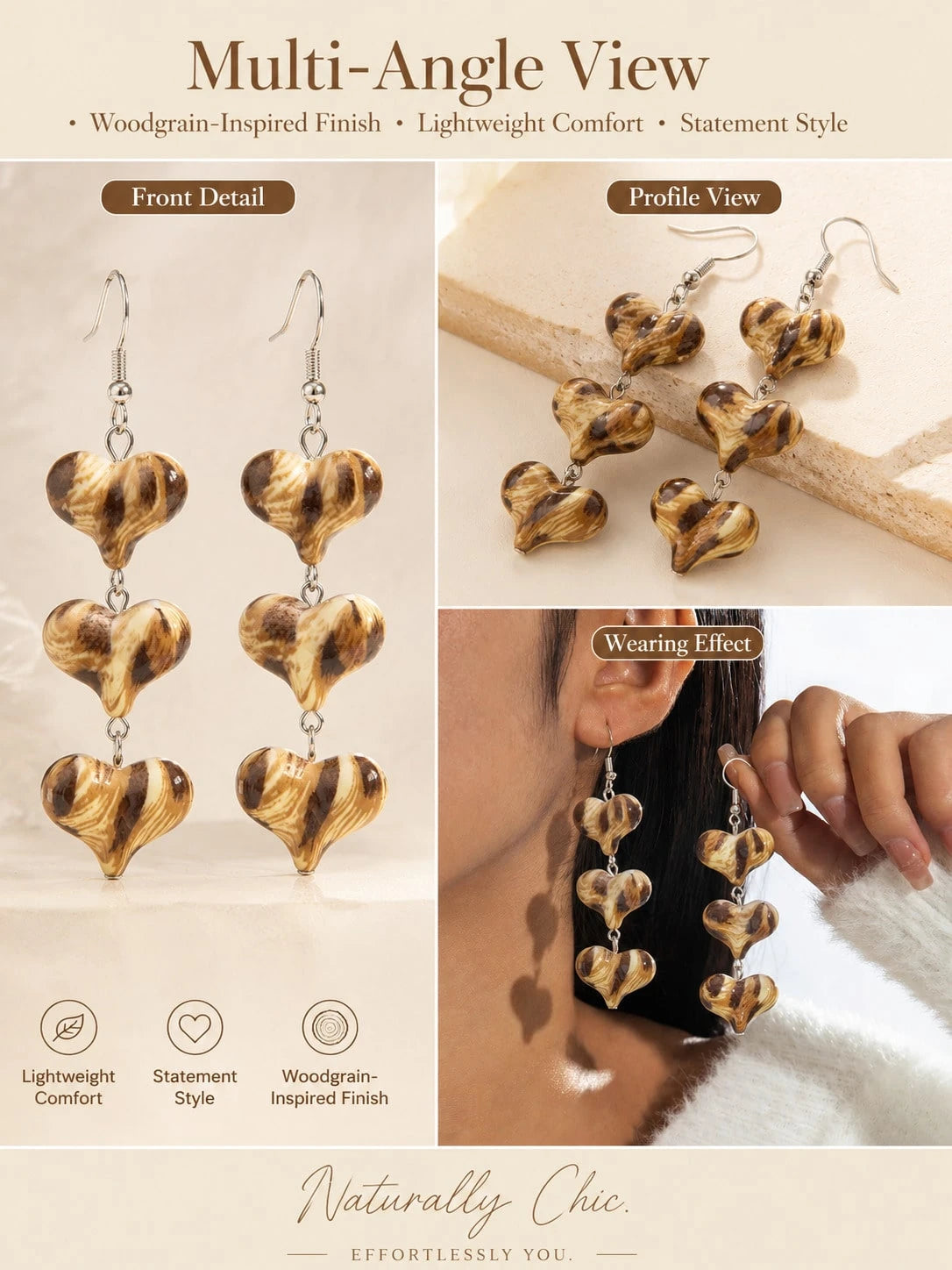 Woodgrain Heart Drop Earrings 3 Tier Dangle Statement Earrings For Women, Elegant Long Hanging Fashion Jewelry With Unique Vintage Inspired Design