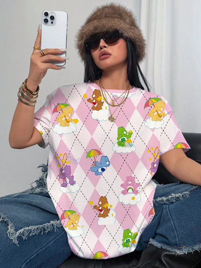 X Care Bears Plus Size Women's Cartoon Print Round Neck Short Sleeve Casual T-Shirt