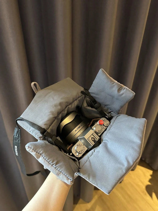 XD Fashionable Women's Grey Canvas Camera Bag- Lightweight Portable Square Handbag With Secure Buckle, Detachable Shoulder Strap And Padded Camera Protection Compartment, Photographer Camera Bag