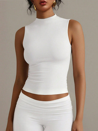 XLLAIS Crew Neck Sleeveless Solid Color White Base Double-Layer Elastic Fitted T-Shirt Casual Summer, Clean Girl Aesthetic