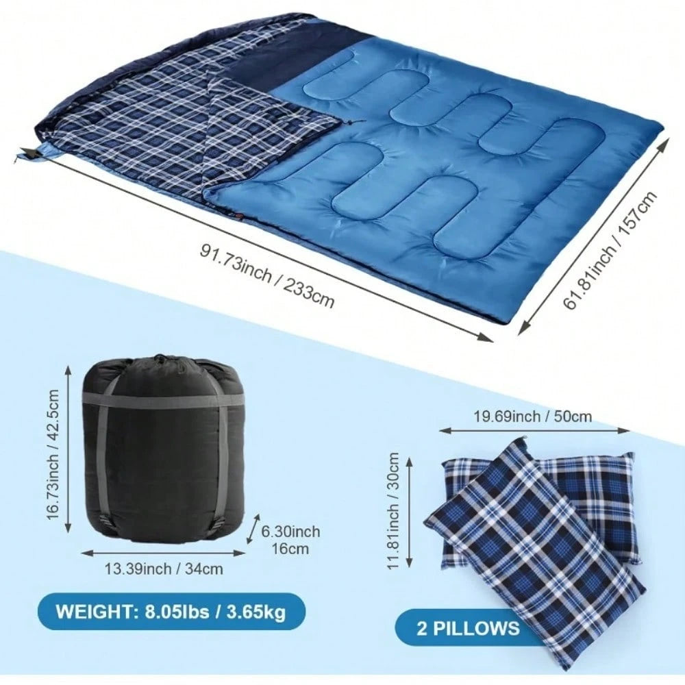XXL Queen Size Double Sleeping With Flannel For Adults, Includes 2 Pillows, Ideal For Camping In For Cold Weather