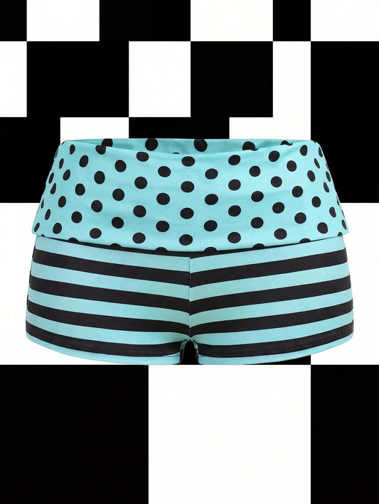Y2Kool Vecteezy Mint Green & Black Contrast Polka Dot Striped Y2K Punk Chic Casual Shorts, Suitable For Spring/Summer Parties, Holidays, Beach, Music Festivals