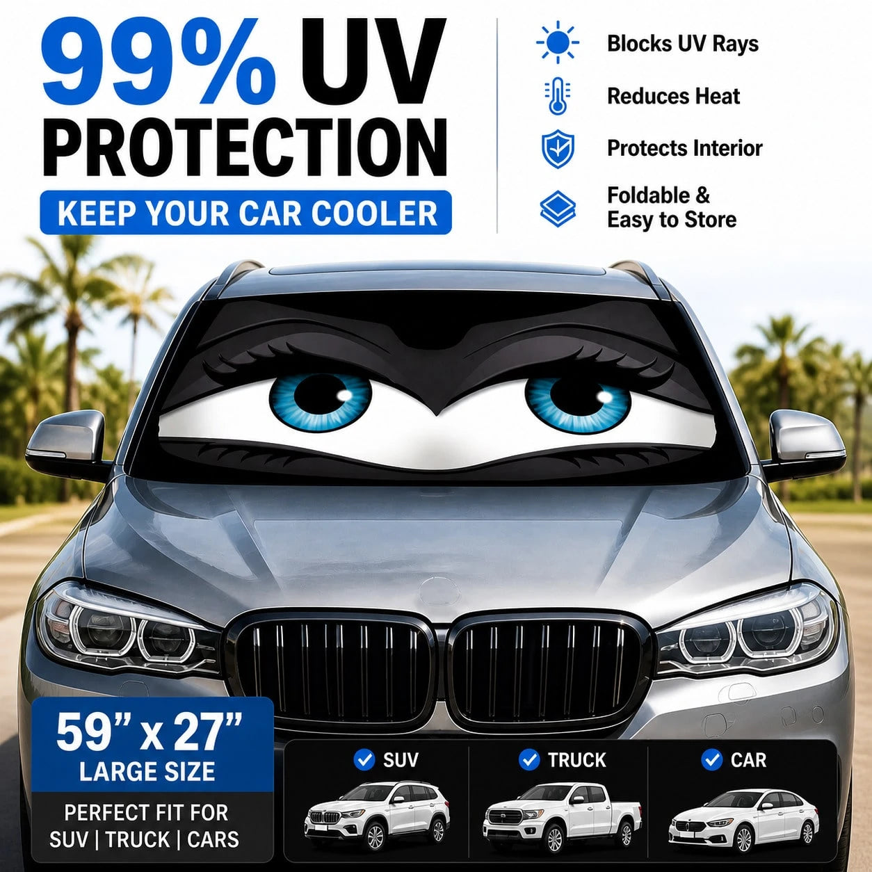 YAIUZGOO Car Windshield Sun Shade 59x27 InchUV Block Heat Insulation Sun VisorProtector With Funny Eyes Design