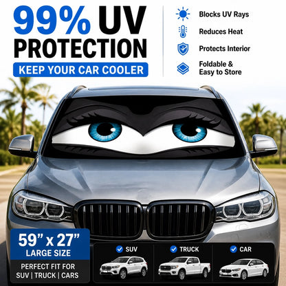 YAIUZGOO Car Windshield Sun Shade 59x27 InchUV Block Heat Insulation Sun VisorProtector With Funny Eyes Design