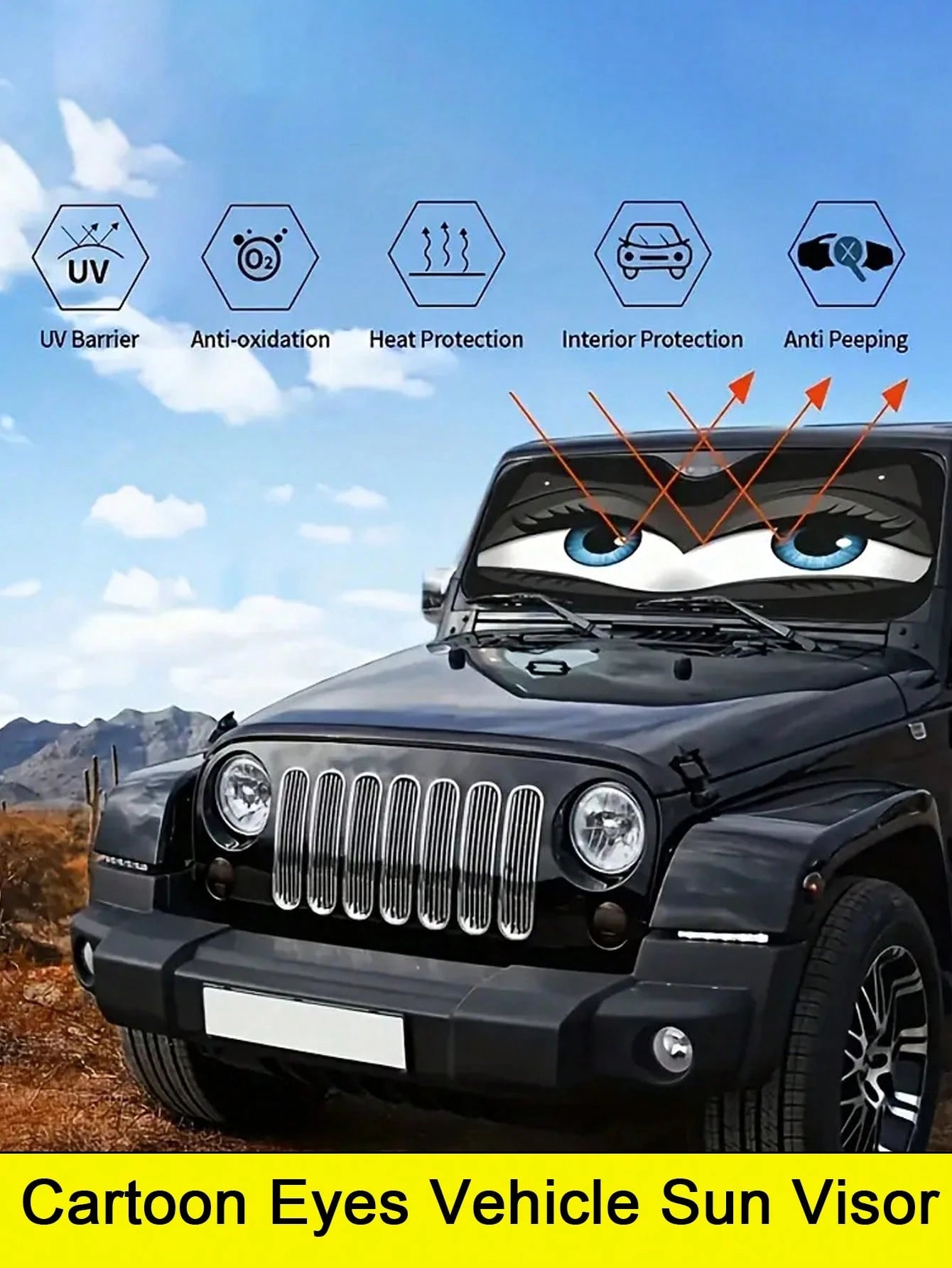 YAIUZGOO Car Windshield Sun Shade 59x27 InchUV Block Heat Insulation Sun VisorProtector With Funny Eyes Design