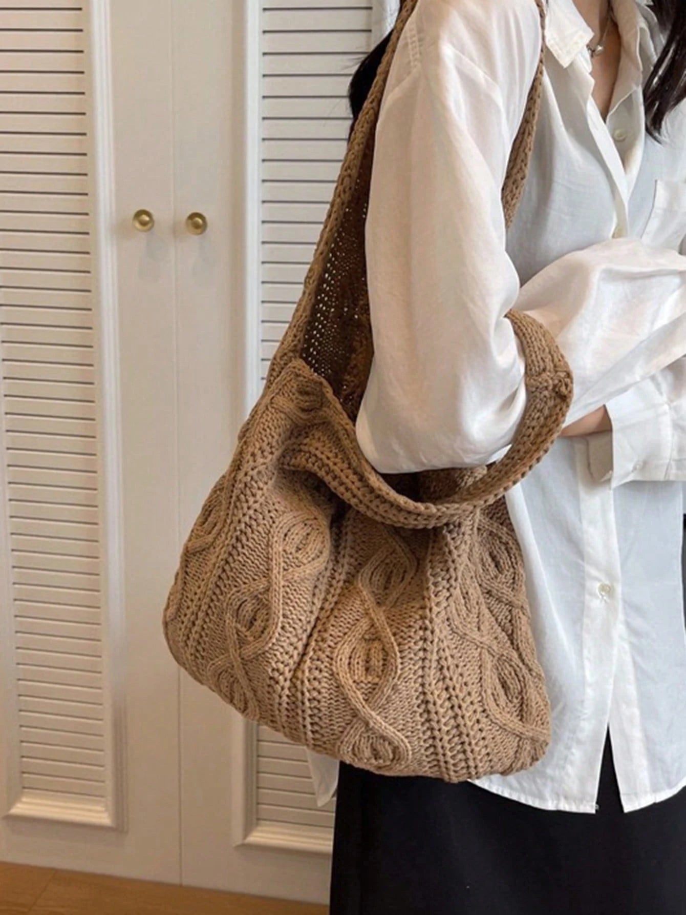 Yogodlns Women's Crochet Knitted Bag, Summer Beach Tote Bag, Aesthetic Handbag, Hippie Style Knitted Bag, Fashion Essential: Women's Crochet Knitted Handbag, Hollow-Out Tote Bag, Beach Travel Shoulder