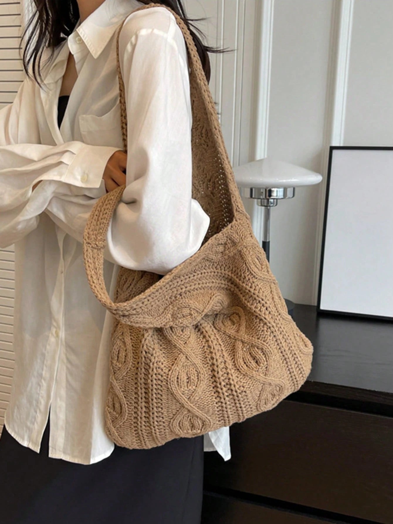 Yogodlns Women's Crochet Knitted Bag, Summer Beach Tote Bag, Aesthetic Handbag, Hippie Style Knitted Bag, Fashion Essential: Women's Crochet Knitted Handbag, Hollow-Out Tote Bag, Beach Travel Shoulder