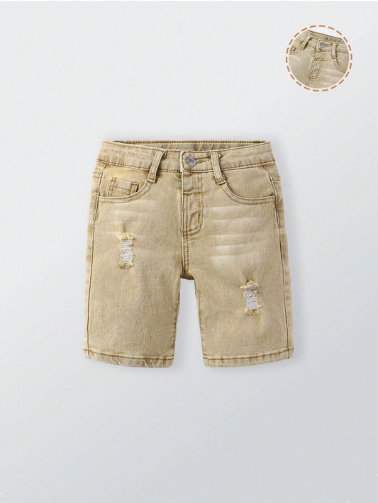 Young Boy Elastic Fitted Ripped All-Match Versatile Blue Denim Bermuda Shorts