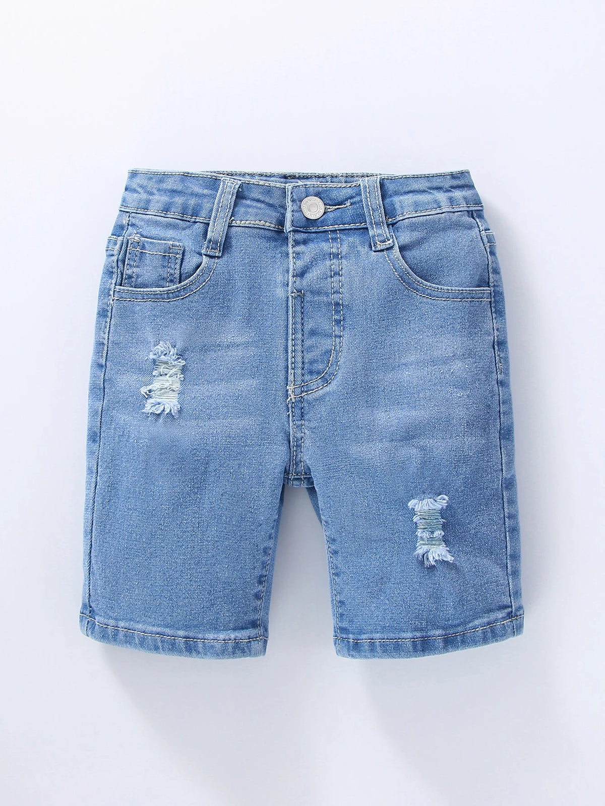 Young Boy Elastic Fitted Ripped All-Match Versatile Blue Denim Bermuda Shorts