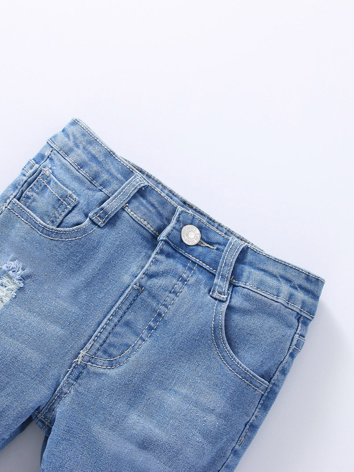 Young Boy Elastic Fitted Ripped All-Match Versatile Blue Denim Bermuda Shorts