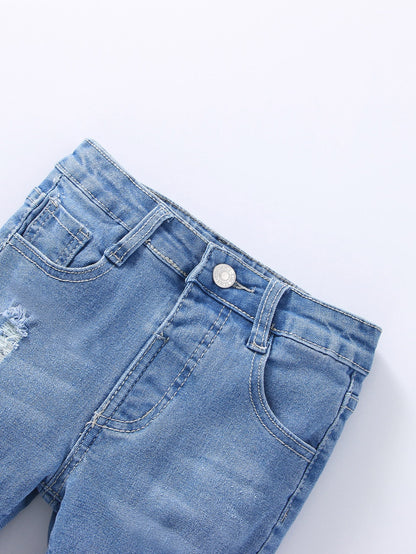 Young Boy Elastic Fitted Ripped All-Match Versatile Blue Denim Bermuda Shorts