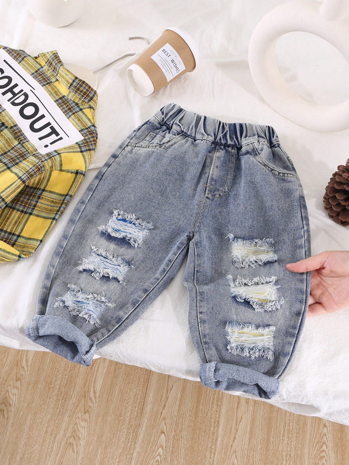 Young Boy Loose Fit Elastic Waist Ripped Denim Jeans, Casual Spring Pants