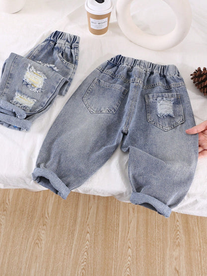 Young Boy Loose Fit Elastic Waist Ripped Denim Jeans, Casual Spring Pants