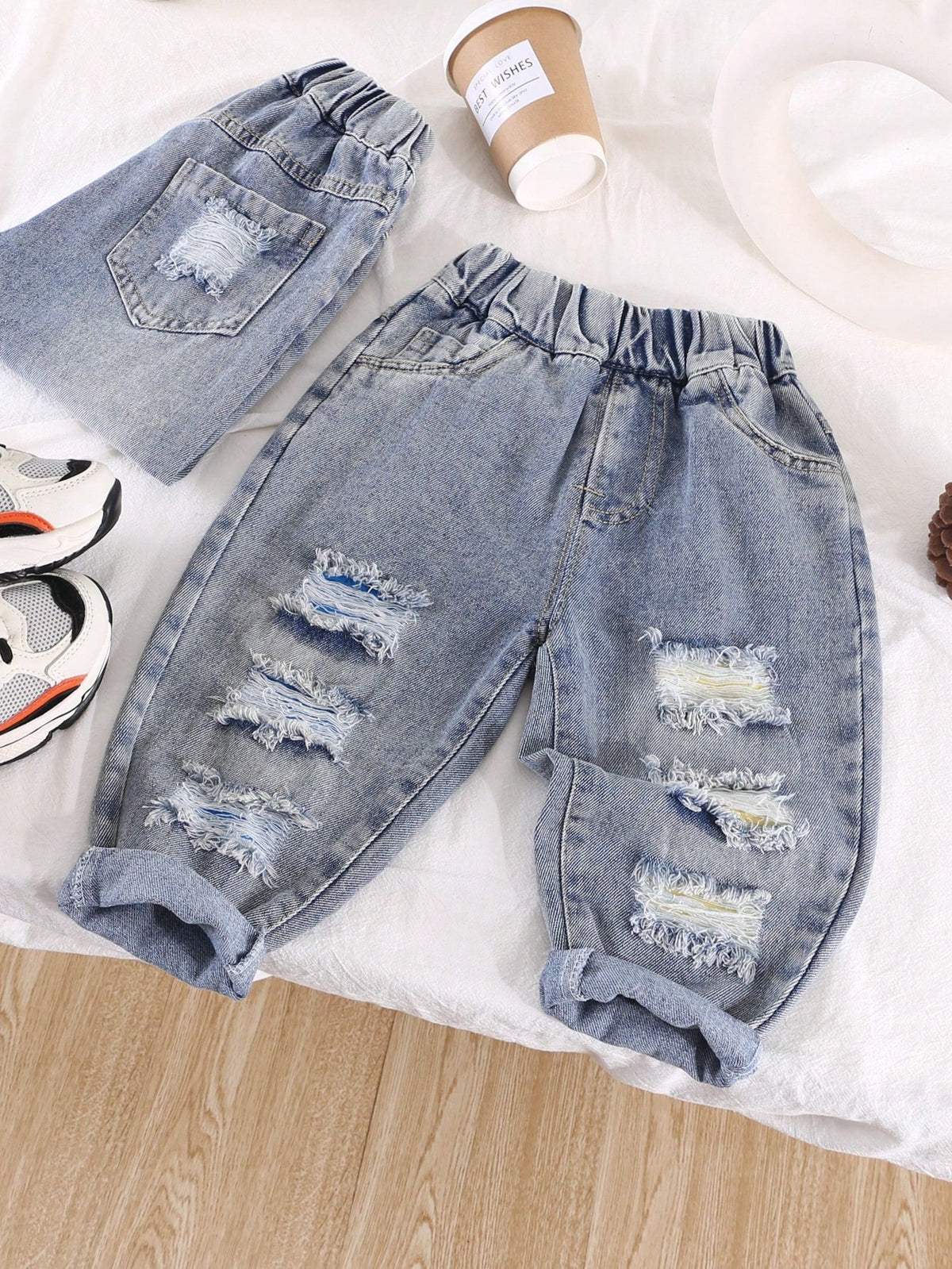 Young Boy Loose Fit Elastic Waist Ripped Denim Jeans, Casual Spring Pants