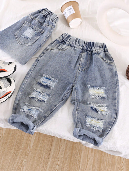 Young Boy Loose Fit Elastic Waist Ripped Denim Jeans, Casual Spring Pants