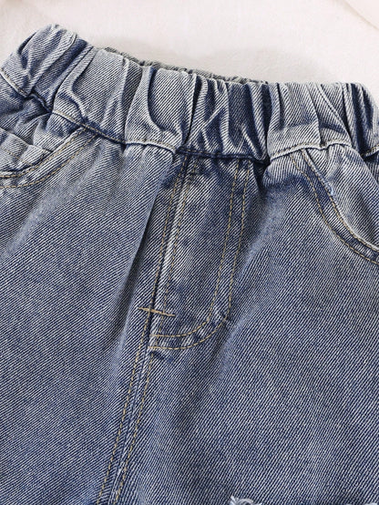 Young Boy Loose Fit Elastic Waist Ripped Denim Jeans, Casual Spring Pants
