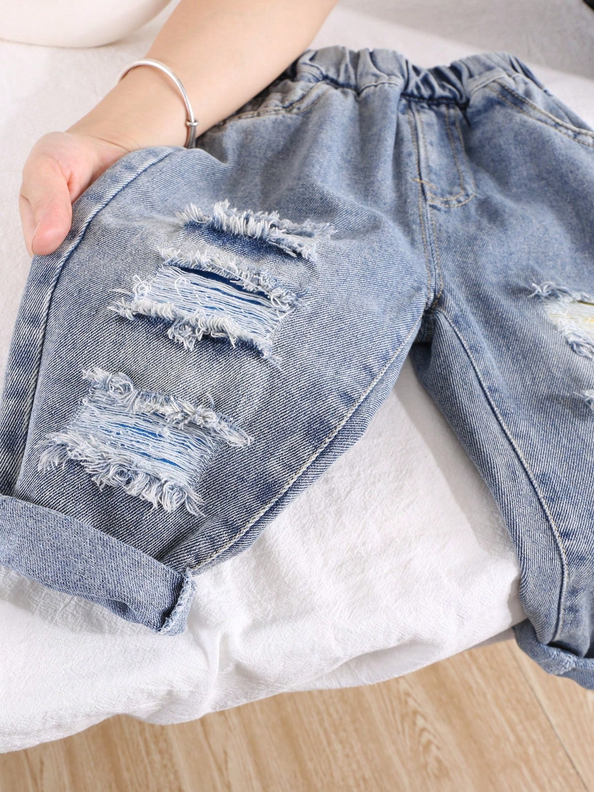 Young Boy Loose Fit Elastic Waist Ripped Denim Jeans, Casual Spring Pants